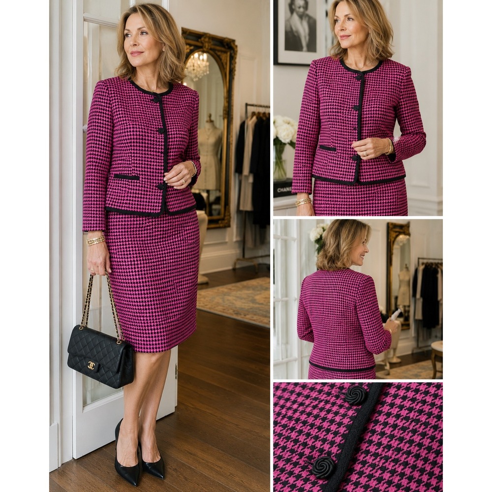 Pendleton Skirt Suit Women 16 Pink Black Houndstooth Wool Vintage 2PC